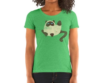 May include: A green heather women's t-shirt with a cartoon illustration of a white cat with blue eyes. The cat is sitting on its hind legs with its front paws raised and its tail curled around its body.