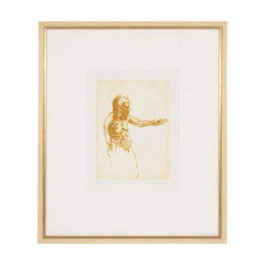 May include: A framed art print featuring a sepia-toned sketch of a figure with an outstretched arm. The artwork is centered on a white mat board within a thin, light-colored wooden frame with a gold inner trim detail.
