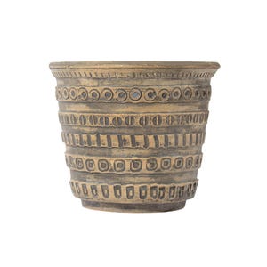 May include: A brown ceramic planter with a geometric pattern. The planter has a wide, round opening and a narrow base.