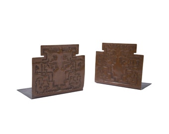 Art and Crafts Style Copper Bookends with Geometric Design