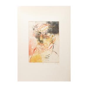 May include: Abstract portrait art print featuring a face with layered lines and colors. The artwork uses shades of red, yellow, and black on a white background. The print is mounted on a white mat.