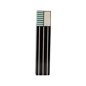 May include: A black and white striped vase with a light blue and white geometric design at the top.