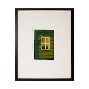 May include: Framed art print featuring a detailed depiction of a window with yellow shutters set against a green wall. The artwork is encased in a black frame, with a white matting surrounding the print.