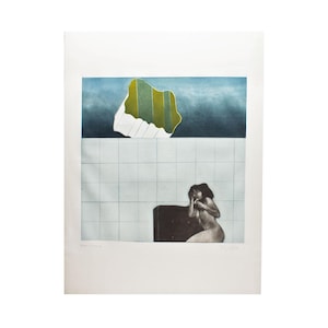 May include: An artistic print featuring a woman seated near a dark cabinet. The artwork has a blue and green abstract shape at the top, above a tiled wall. The print is on a white background.
