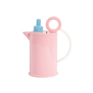 May include: A pink watering can with a light blue spout and a white handle. The watering can has a round handle and a spout for easy pouring. The design is simple and modern, suitable for indoor or outdoor use.