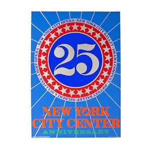 May include: A blue poster with a red and white circle in the center. The circle has a silver number 25 in the center and is surrounded by white stars. The text around the circle reads "VAN LIGHT OPERA.NEW YORK CITY OPERA.NEW YORK CITY BALLET DRAMA COMPANY JOFFREY BALLET GILBERT & SULLIVAN" and the text below the circle reads "NEW YORK CITY CENTER ANNIVERSARY".