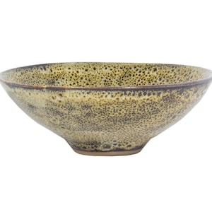 May include: A speckled ceramic bowl with a wide, shallow design. The bowl features a mottled pattern in shades of tan and brown, with a darker brown rim. The bowl is likely used for serving food or as a decorative piece.