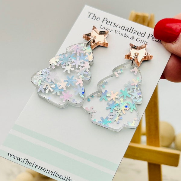 Snowflake glitter Christmas tree earrings