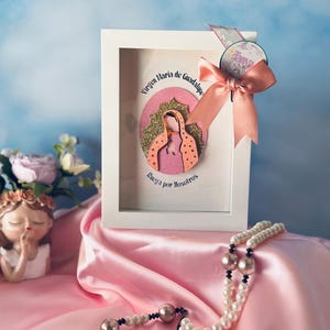 Virgencita Shadow Box – Wood Frame -Virgen de Guadalupe Paper Layers - Gift, Favor, Decoration, Baptism - Sacrament Christian - Guadalupana