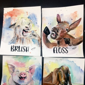 Watercolor Funny Bathroom Art Signs Art Set of 4 Prints by Bethany Kerr