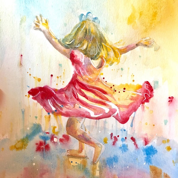 Watercolor Print of Little Girl Dancing in the Rain by Bethany Kerr