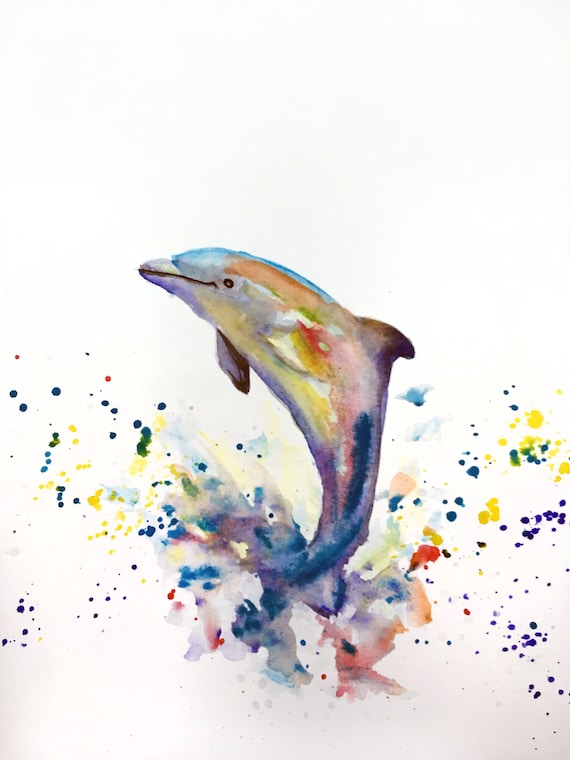 Watercolor Dolphin Colorful Art Print by Bethany Kerr Etsy