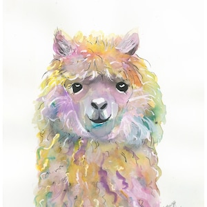Watercolor Alpaca Rainbow Painting Art Print by Bethany