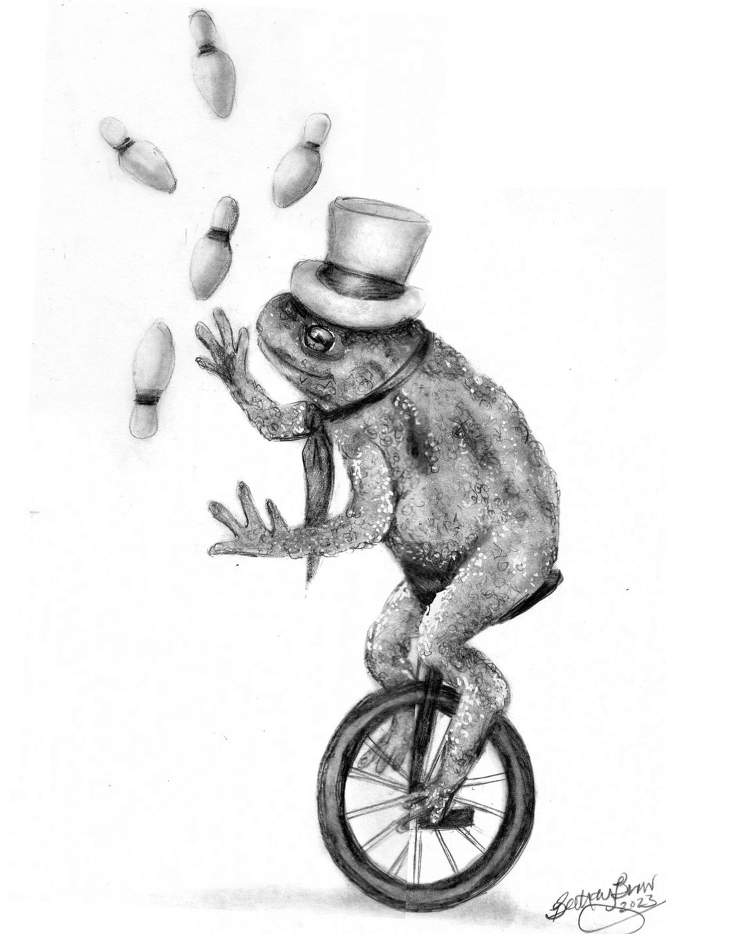 Pencil Drawing Frog Juggler on Unicycle Digital Download Art Print by
