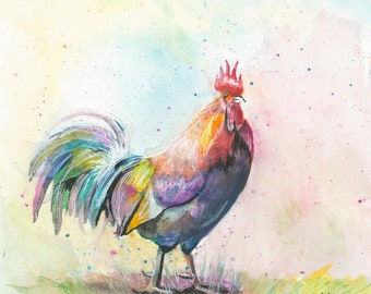 Watercolor Rooster Colorful Painting Art Print by Bethany Kerr