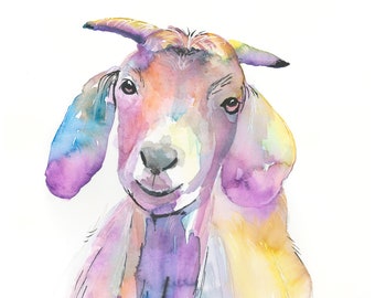 Watercolor Colorful Goat Painting Art Print by Bethany Kerr