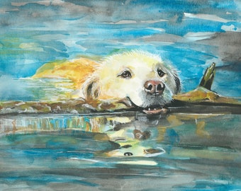 May include: A watercolor painting of a golden retriever dog swimming in a lake. The dog is resting its head on a log, with its body submerged in the water. The water is a light blue color, and the sky is a dark blue color.