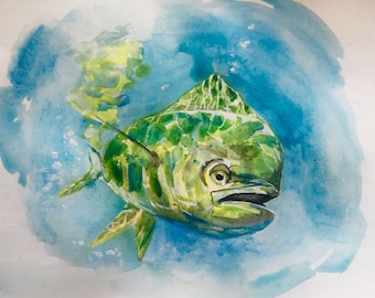 Watercolor art print of Mahi Mahi Dolphinfish - by Bethany Kerr