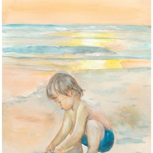 Watercolor Boy Playing With Sand at Beach by Bethany