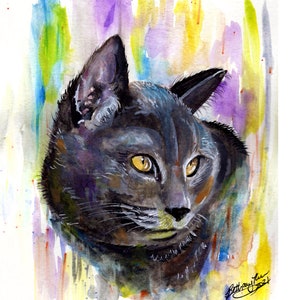 Watercolor Painting of Cat Blue Russian by Bethany Kerr