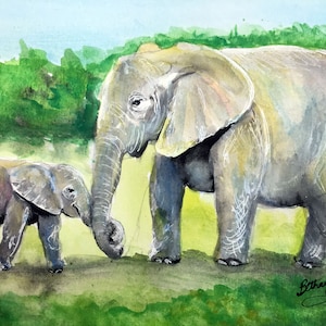 Watercolor Elephant Mom and Baby Art Print by Bethany Kerr image 1