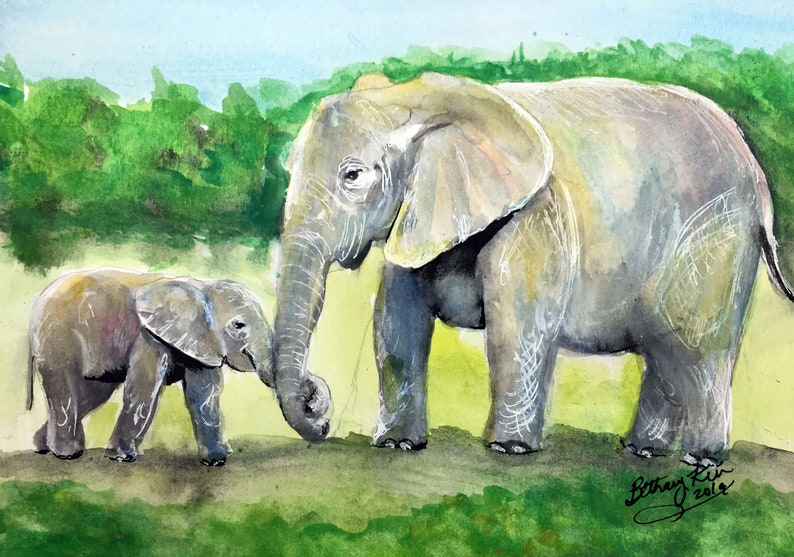 Watercolor Elephant Mom and Baby Art Print by Bethany Kerr image 1