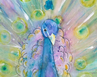 Watercolor Peacock Portrait Painting by Bethany Kerr