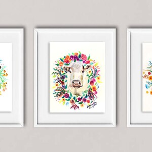 Watercolor Set of 3 Art Prints - Goat, Cow, Pig with Flower Garland- By Bethany