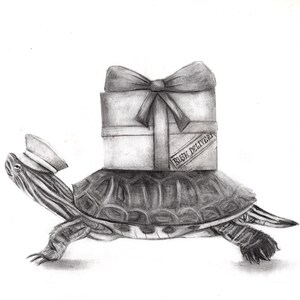 May include: A black and white pencil drawing of a turtle wearing a hat and carrying a gift box with a bow on top. The gift box has a label that says "Rush Delivery".