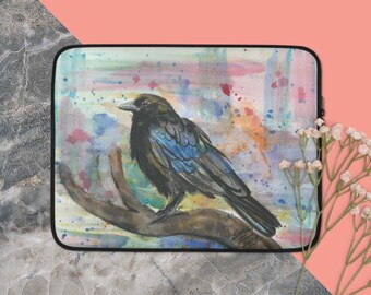 Laptop Sleeve with watercolor artwork of raven by Bethany
