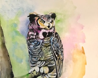 Watercolor Owl in Tree Art Print by Bethany Kerr