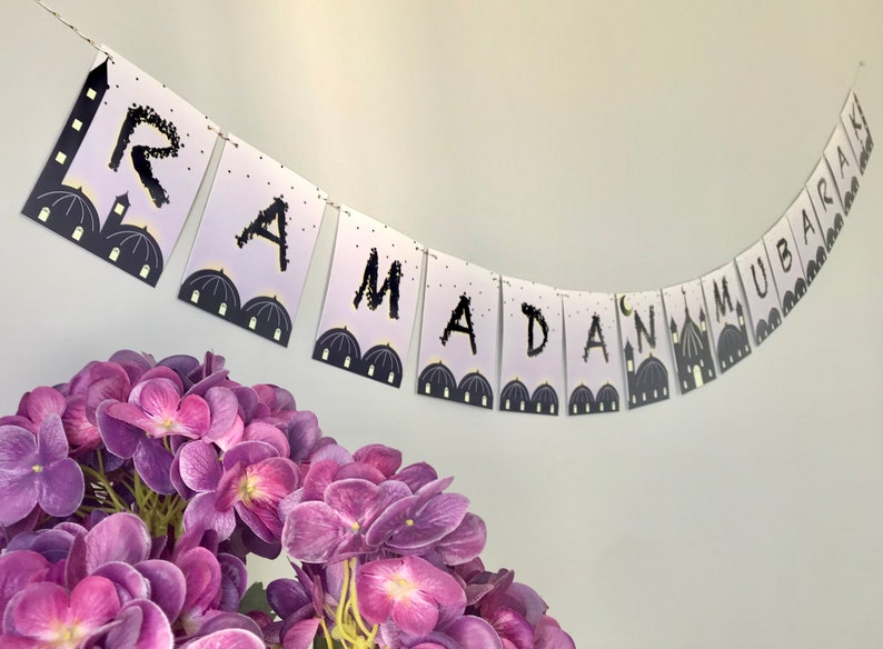Ramadan Mubarak Banner with Mosque Figures