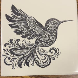 May include: A black and white hummingbird with intricate, detailed patterns on its wings and body. The hummingbird is in flight with its wings spread out and its tail feathers trailing behind it.