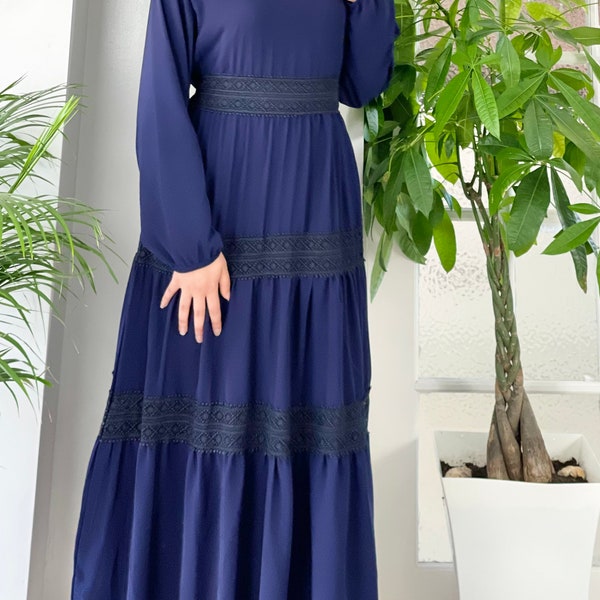 RaModa Beautiful One Size Women Dress Maxi Dress Kaftan Navy blue Long Sleeves modest daily wear