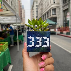 May include: A small, square planter with a succulent plant. The planter is painted with a dark blue and green speckled design and features the number "333" in white gothic font. The image is taken outdoors.