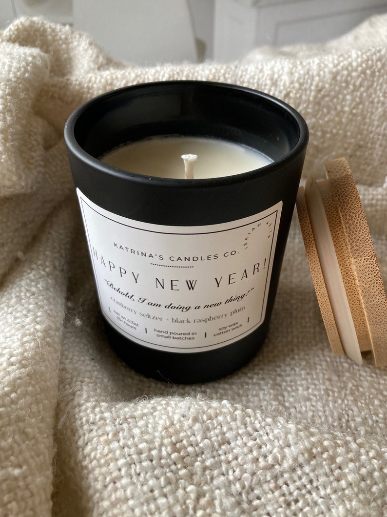 Happy New Year Black Matte Soy Candle, Custom Label, Wax Designs on Candle Tops, Modern Luxury
