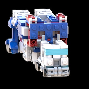 May include: A white, blue and red Lego model of a semi-truck. The truck has a blue cab and a white trailer. The truck is in a robot-like pose, with its arms raised and its legs spread out.