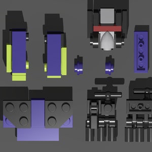 May include: A set of Lego pieces in various colors, including black, gray, blue, green, and yellow. The pieces are arranged in a pattern on a gray surface.