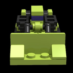 May include: A lime green toy race car with black wheels and a blue windshield. The car has a large, lime green spoiler on the back.