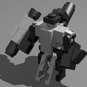 May include: A black and white robot toy made of Lego bricks. The robot has a large cannon on its right arm and a smaller cannon on its left arm. The robot is standing on a grey surface.