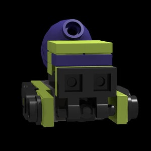 May include: A green and black toy truck with a purple and blue cab. The truck has a cement mixer on the back.