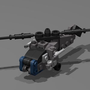 Puede incluir: Un pequeño modelo de helicóptero gris y negro hecho de ladrillos Lego. El helicóptero tiene un rotor de cola azul y una pala de rotor negra.
