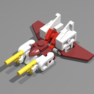 Pode incluir: Uma nave espacial Lego branca, vermelha e amarela com dois canhões na frente.