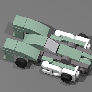 May include: A green and white Lego race car with black wheels. The car has a rounded, aerodynamic design.