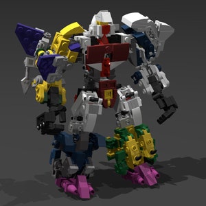 May include: A multi-coloured robot toy made of Lego bricks. The robot is standing on a grey surface and has a white, red, yellow, blue, green, and purple colour scheme.