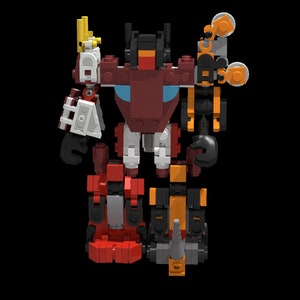 May include: A red, white and black robot toy made of Lego bricks. The robot has a yellow crown on its head and is standing.