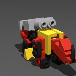 May include: A red and yellow toy robot with black legs and grey exhaust pipes. The robot has a black horn on its head.