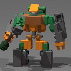 Könnte beinhalten: Ein grünes und oranges Roboter-Spielzeug mit einem Schild und einer Waffe. Der Roboter hat ein braunes Bruststück und graue Beine.