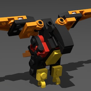 May include: A black, red, yellow and orange Lego toy bird with its wings outstretched.