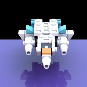 Könnte beinhalten: Ein weißes und blaues Lego-Raumschiff mit einem hellorangenen Detail. Das Raumschiff hat drei nach vorne gerichtete Kanonen und zwei seitliche Flügel.